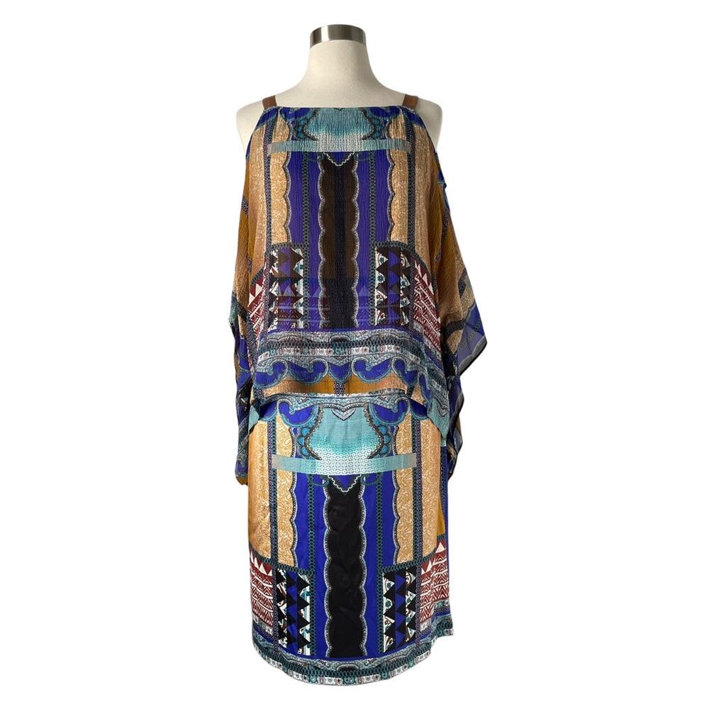 Etro Patchwork Cold Shoulder Dress Silk Paisley Cape Sleeve Blue Black 44 M US 8 - Picture 2 of 10